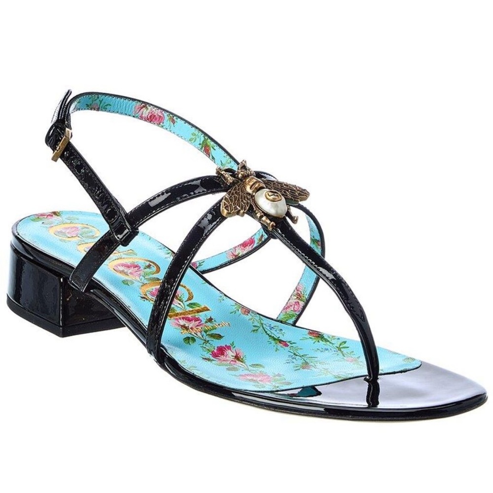 Gucci Bee Patent T-Strap Sandals
